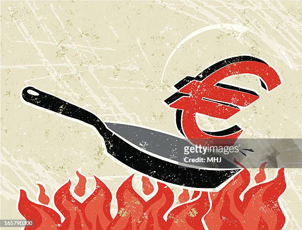 euro aus der bratpfanne in the fire - frying pan stock-grafiken, -clipart, -cartoons und -symbole