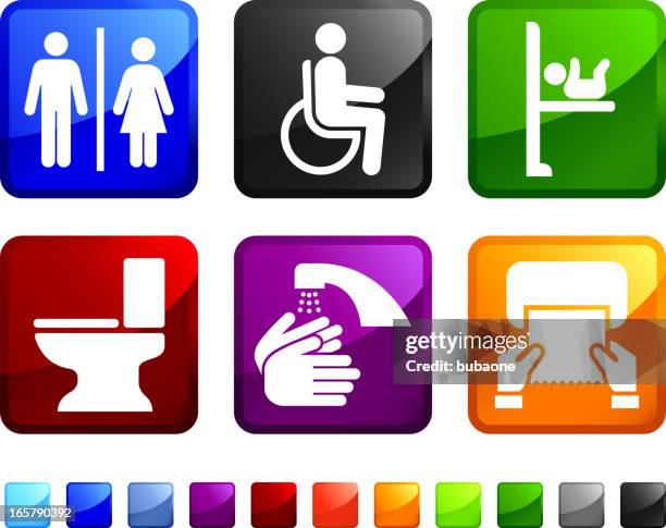 ilustrações, clipart, desenhos animados e ícones de banheiro público royalty free ícone conjunto de adesivos vetor - disabled accessible boarding sign