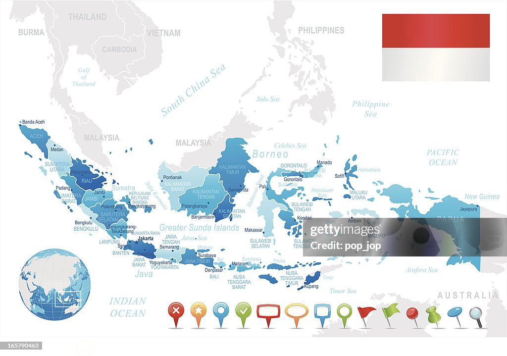 Indonesia mapa azul-regiones, las ciudades y los iconos de navegación