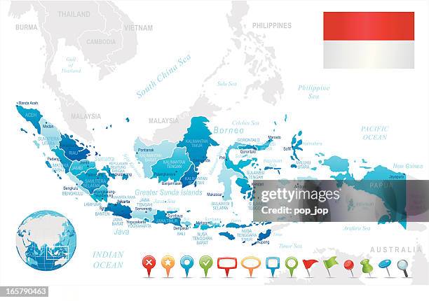 stockillustraties, clipart, cartoons en iconen met indonesia map blue - regions, cities, navigation icons - kalimantan