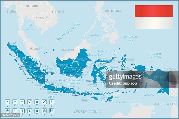 indonesien karte-regionen, städte und navigation symbole - insel sumatra stock-grafiken, -clipart, -cartoons und -symbole