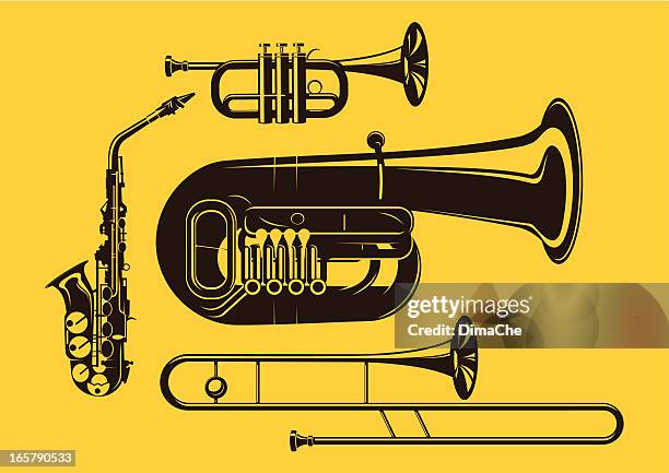 bildbanksillustrationer, clip art samt tecknat material och ikoner med vector silhouette of brass instruments in yellow background - trombon