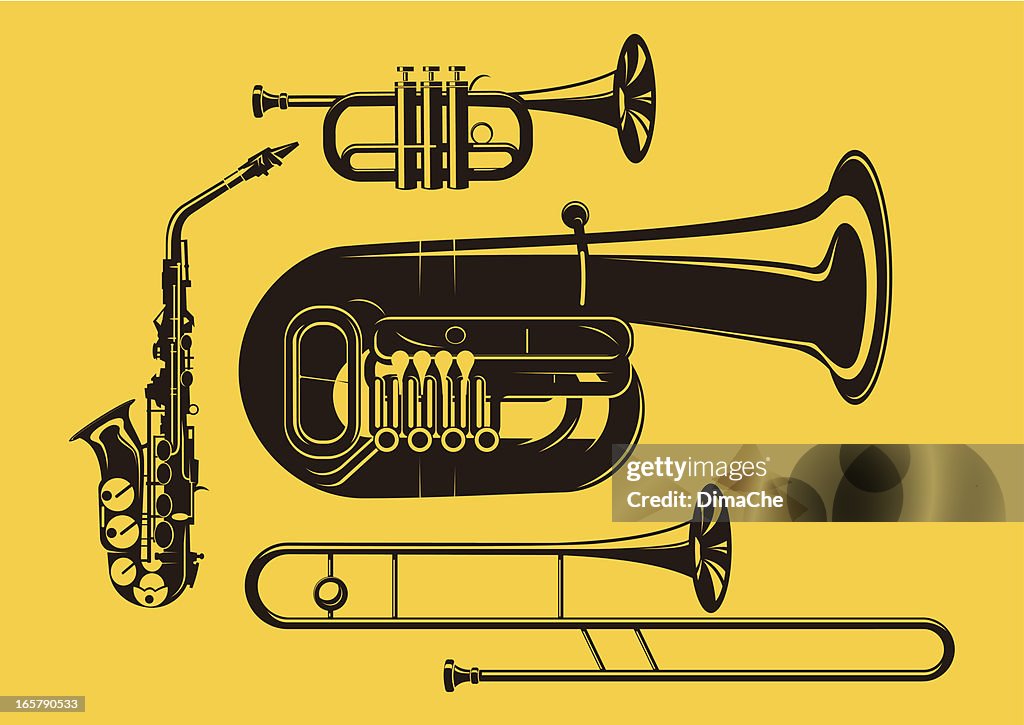 Vector silhouette of brass instruments in yellow background