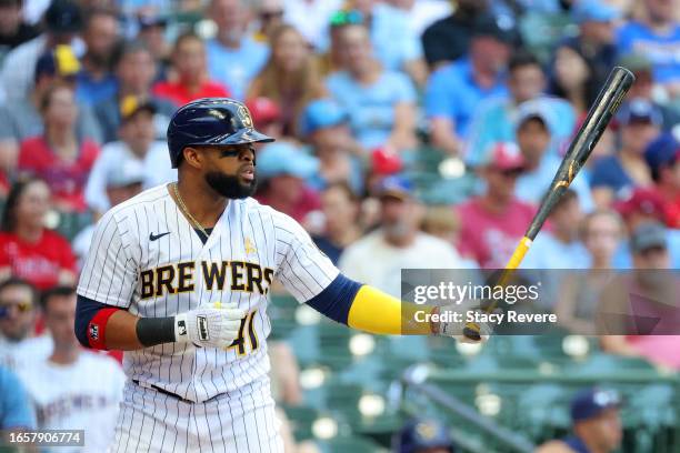 Carlos Santana of the Milwaukee Brewers at bat during a game against the Philadelphia Phillies at American Family Field on September 03, 2023 in...