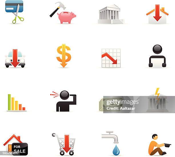 illustrazioni stock, clip art, cartoni animati e icone di tendenza di colore icone finanziari & crisi economica - suicidio
