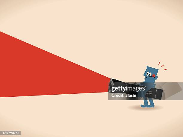 businessman holding a big flashlight, searching somewhat, finding something - flashlight stock illustrations