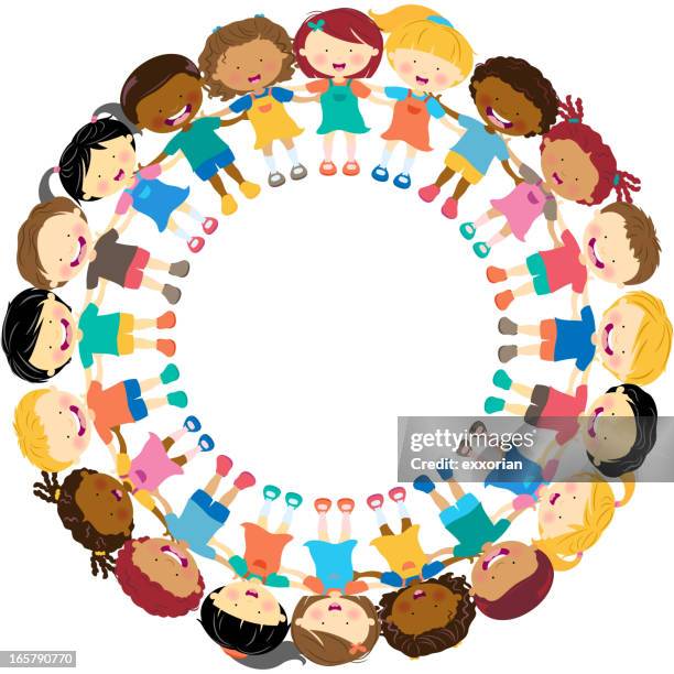 illustrazioni stock, clip art, cartoni animati e icone di tendenza di multi-etnico team di bambini in cerchio - giorno dei bambini
