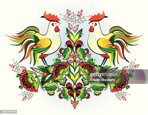 west-european ornament with roosters and flowers - cockerel stock illustrations