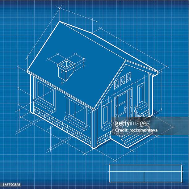 blueprint, isometric house - technische zeichnung stock-grafiken, -clipart, -cartoons und -symbole