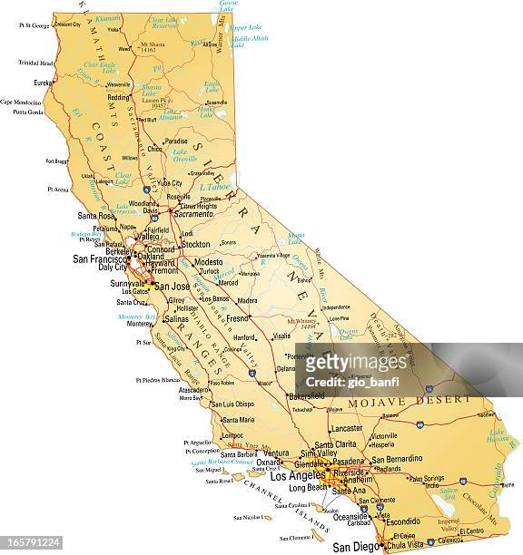 karte von kalifornien - kalifornien stock-grafiken, -clipart, -cartoons und -symbole