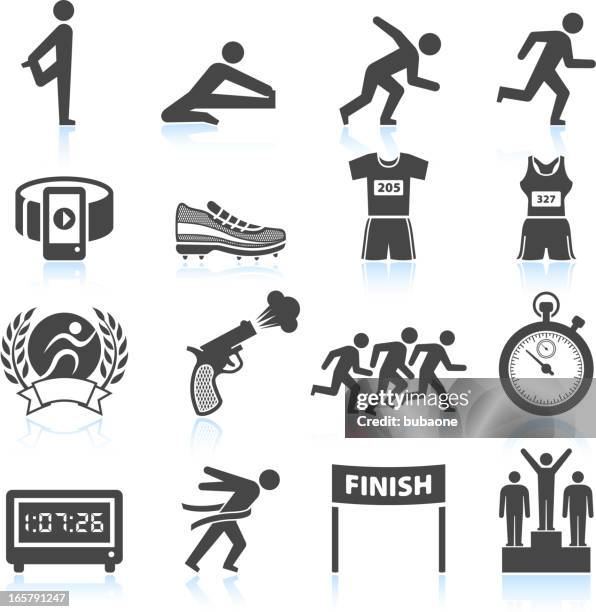 set of black and white track and field icons - finish line stock illustrations