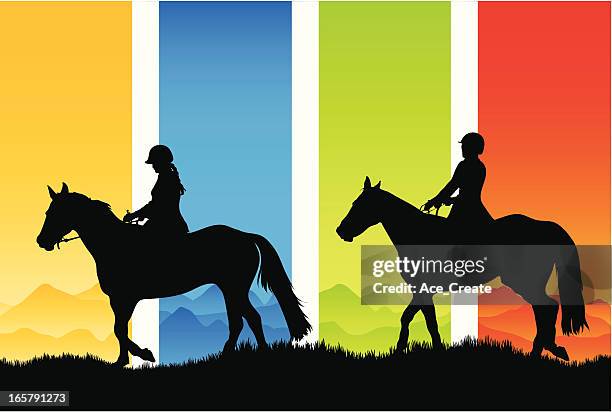 stockillustraties, clipart, cartoons en iconen met horse riding silhouettes in the country - paardrijden