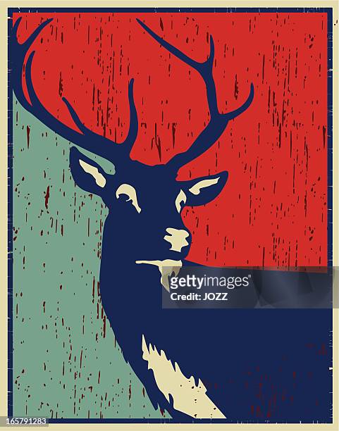 bildbanksillustrationer, clip art samt tecknat material och ikoner med red deer vintage poster - kronhjort