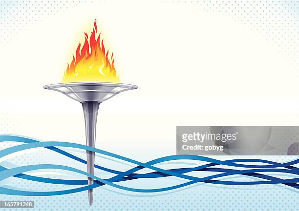 a cartoon flaming torch amongst several blue waves - the olympic games stock illustrations