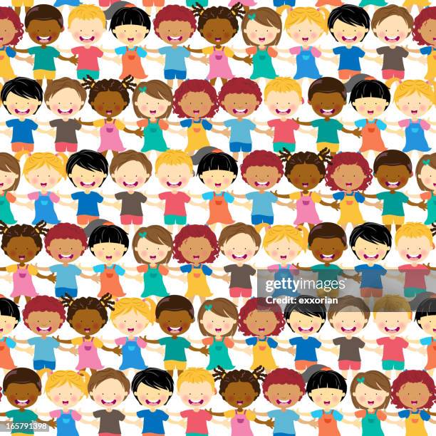 multi-ethnic kids crowd seamless background - team huddle stock illustrations