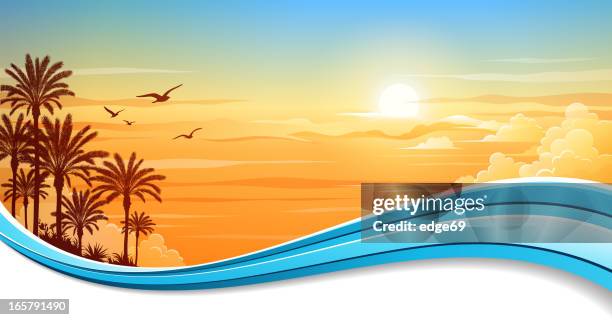 ilustraciones, imágenes clip art, dibujos animados e iconos de stock de banner de fondo de verano - salida del sol