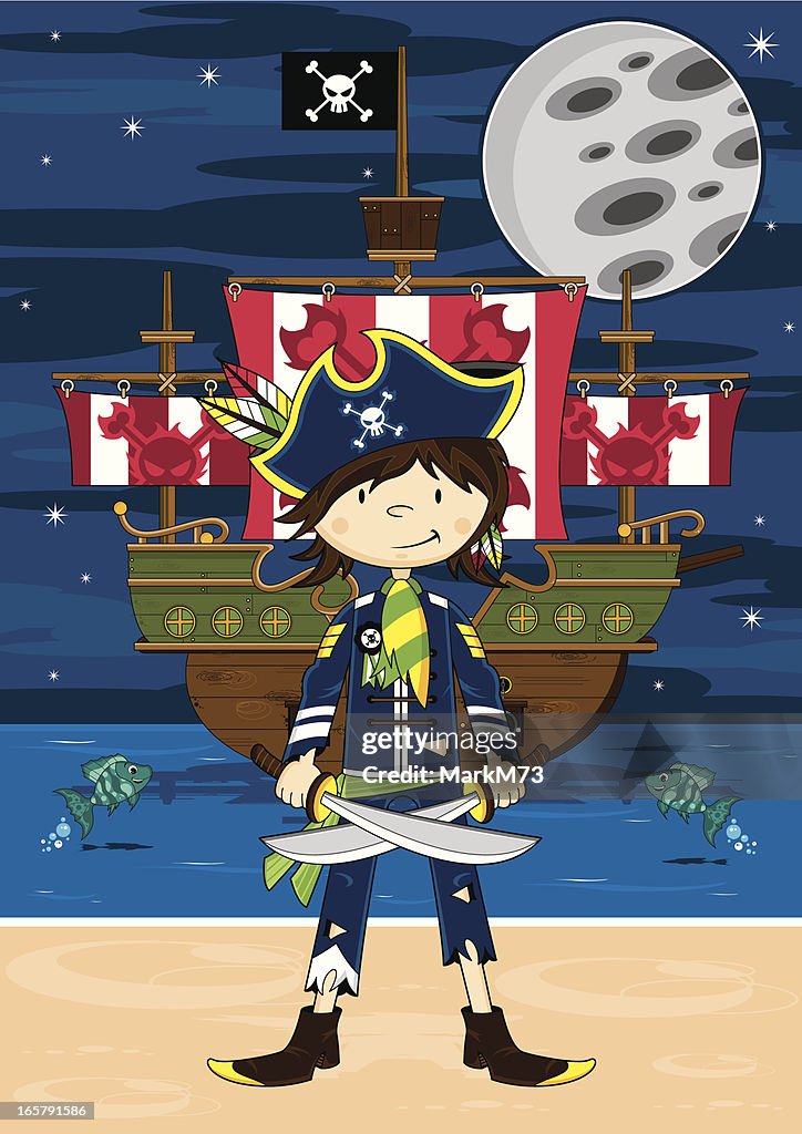 Cute Pirate Captain and Ship Beach Scene