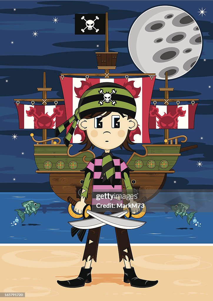Cute Bandana Pirate and Ship Beach Scene