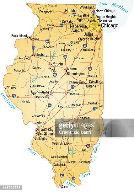 map of illinois showing major cities and roads - chicago illinois stock illustrations