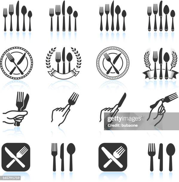 stockillustraties, clipart, cartoons en iconen met eating utensils black & white royalty free vector icon set - goede manieren