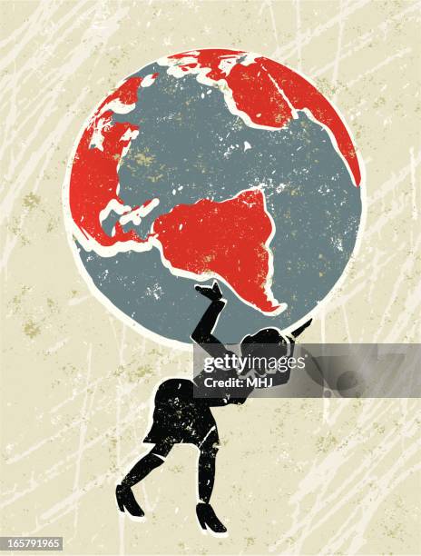 the earth being carried by a businesswoman. - atlas mythological figure stock illustrations
