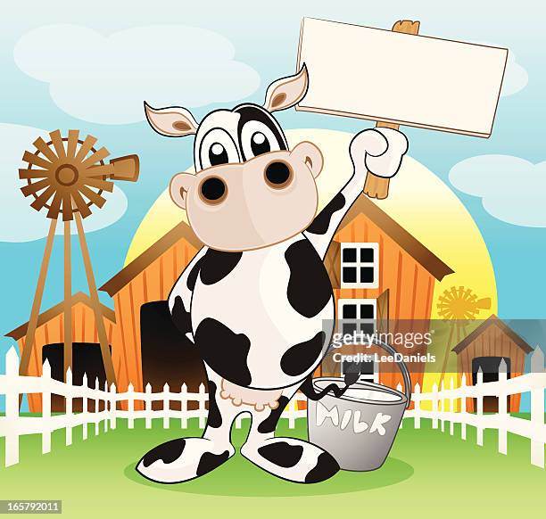 dairy cow holding a blank sign - dairy cattle stock illustrations
