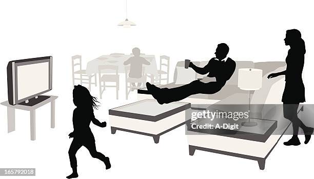 home kids tv vector silhouette - family watching tv stock illustrations