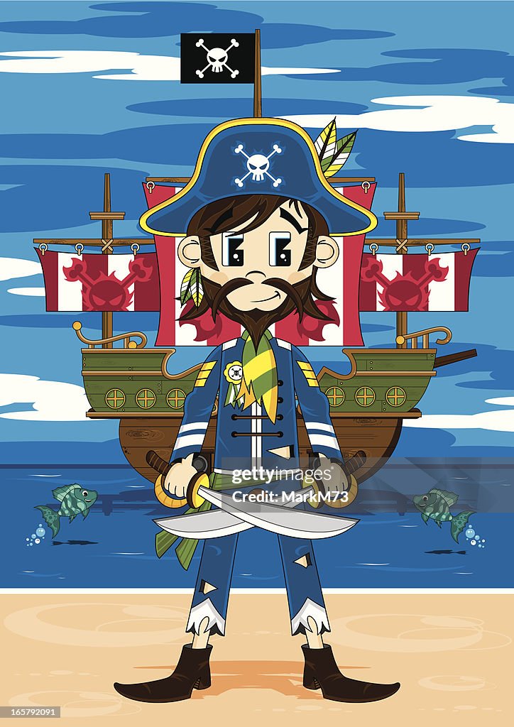 Bearded Pirate Captain and Ship Scene
