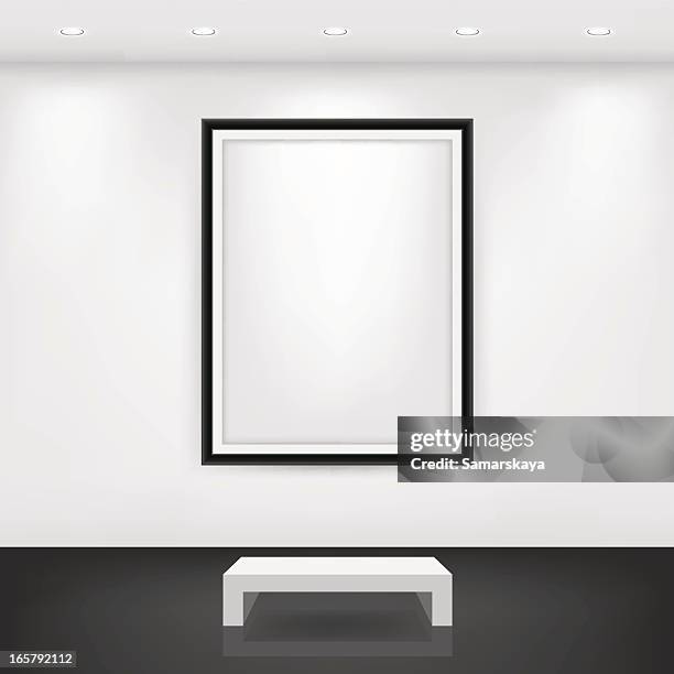 white bench in front of an empty black frame on a white wall - bench stock illustrations