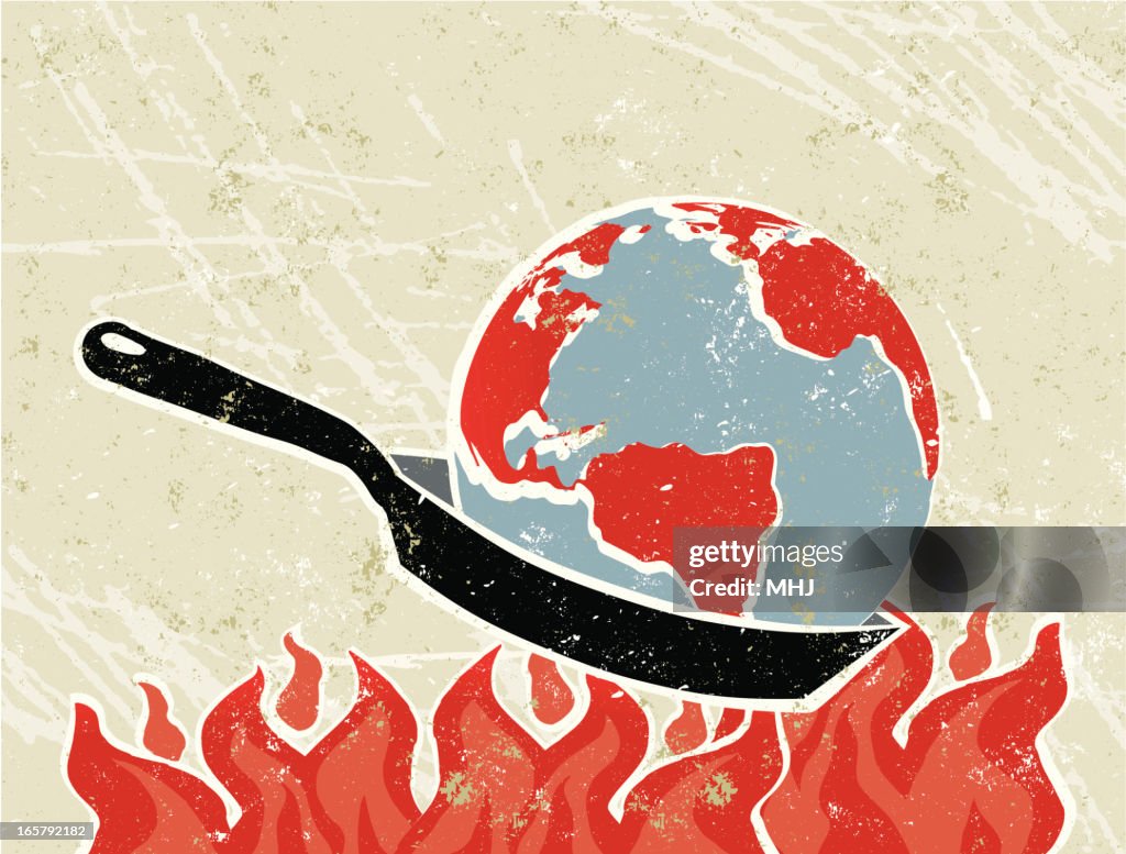 World Globe in a Frying Pan with Flames