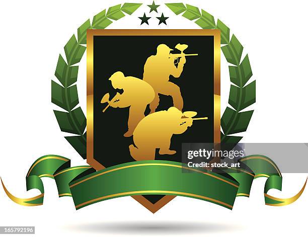 green paintball emblem - run hide fight stock illustrations