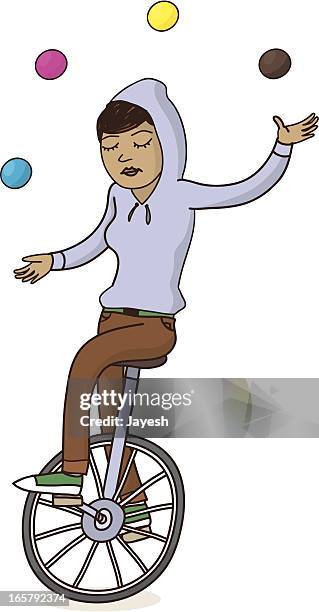 girl on unicycle juggling - street musician stock illustrations