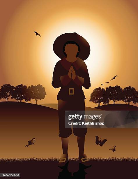 pilgrim - thanksgiving prayer - migrant workers stock illustrations