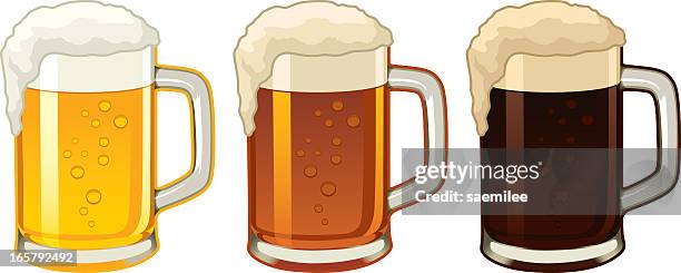 illustration of three beer mugs containing different beers - beer glass stock illustrations