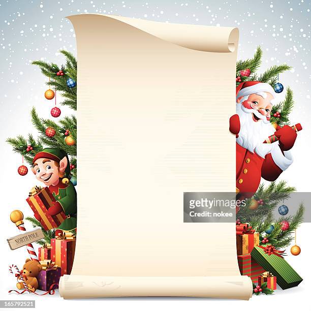 paper scroll with santa and elf and christmas tree decorations - christmas tree presents stock illustrations