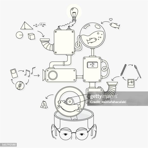 ilustraciones, imágenes clip art, dibujos animados e iconos de stock de ¿cómo funciona la creativa cerebro - maquinaria