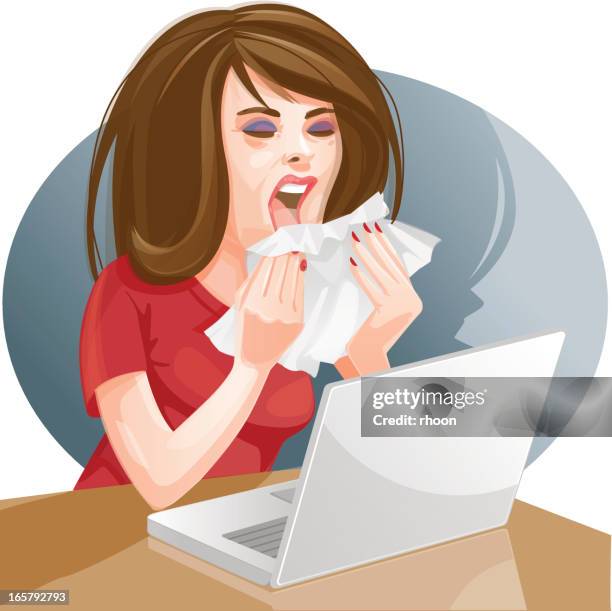 woman sneezing at her desk - woman blowing nose stock illustrations