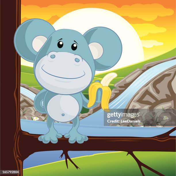 monkey holding a banana - waterfall sun stock illustrations
