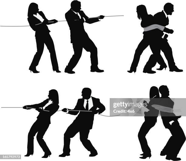 silhouette of business couples with rope - pulling stock illustrations