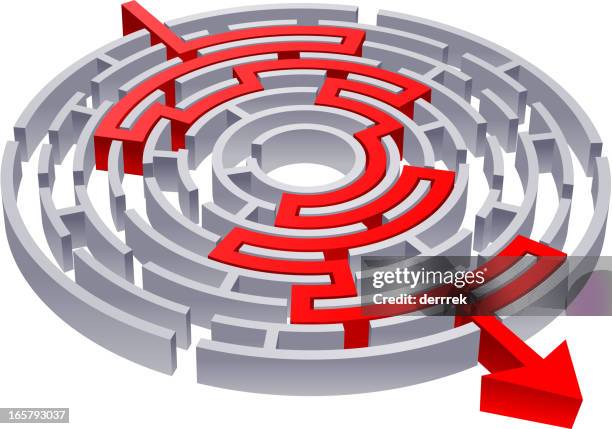 3d round red solved maze - circular maze stock illustrations