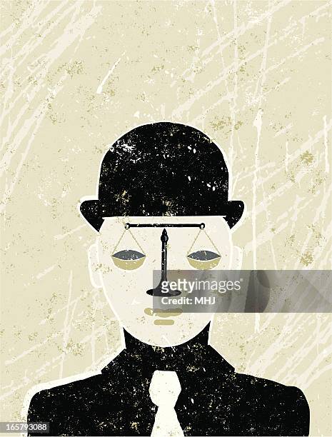 businessman with scales of justice for a face - justice concept stock illustrations