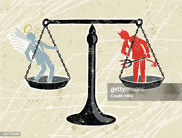 bildbanksillustrationer, clip art samt tecknat material och ikoner med scales of justice with an angel and devil businessman - horned