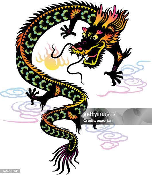 year of the dragon colorful paper-cut art - chinese dragon stock illustrations