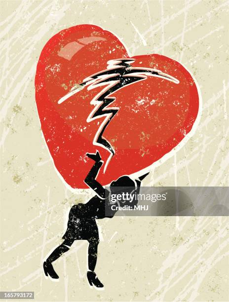 illustrazioni stock, clip art, cartoni animati e icone di tendenza di donna portare un cuore spezzato su le spalle - cuore spezzato