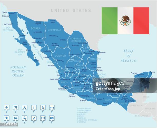 stockillustraties, clipart, cartoons en iconen met highly detailed map of mexico and the bordering waters - mexicali