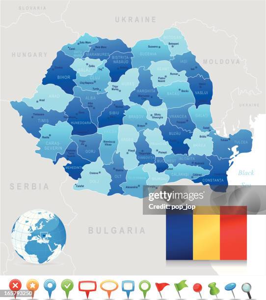 ilustrações, clipart, desenhos animados e ícones de mapa da roménia-membros, cidades, bandeira, ícones de navegação - romênia