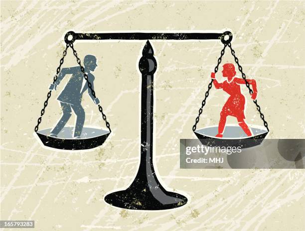 stockillustraties, clipart, cartoons en iconen met man and woman being weighed on scales - rechter