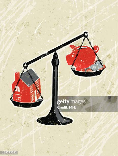 house on scales weighed against piggy bank. - subprime loan crisis stock illustrations