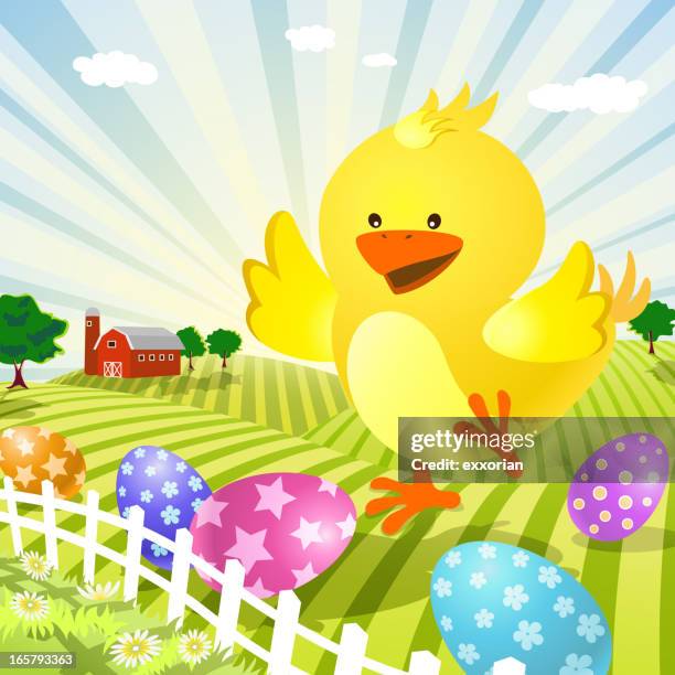 easter chick on the farm - railing vector stock illustrations