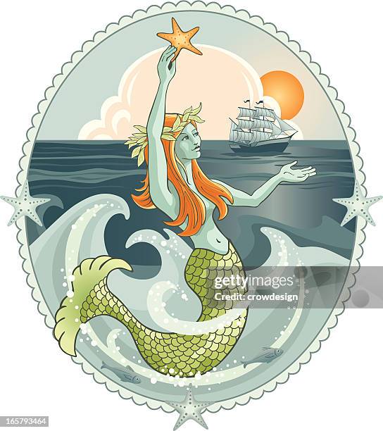 mermaid (siren) signaling to ship on the ocean - mermaid stock illustrations